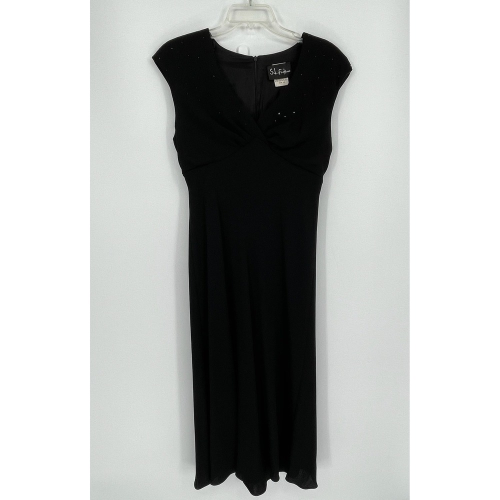 SL Fashions Vintage Women's Black Beaded Sleeveless Midi Sheath Dress Size 10
